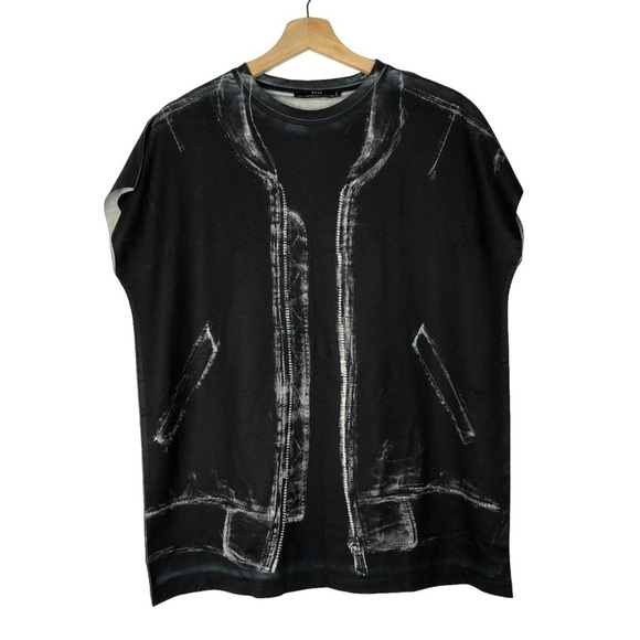 Zara Black Zip Printed Oversized Short Sleeve T-Shirt S - Picture 1 of 4